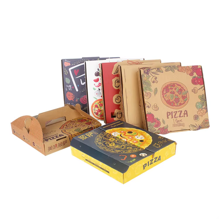 Fu Yang colorful pizza boxes with custom designs (e.g., fruit patterns, cartoon styles) and plain brown cardboard pizza packaging, showcasing wholesale pizza box options for food delivery or restaurant use